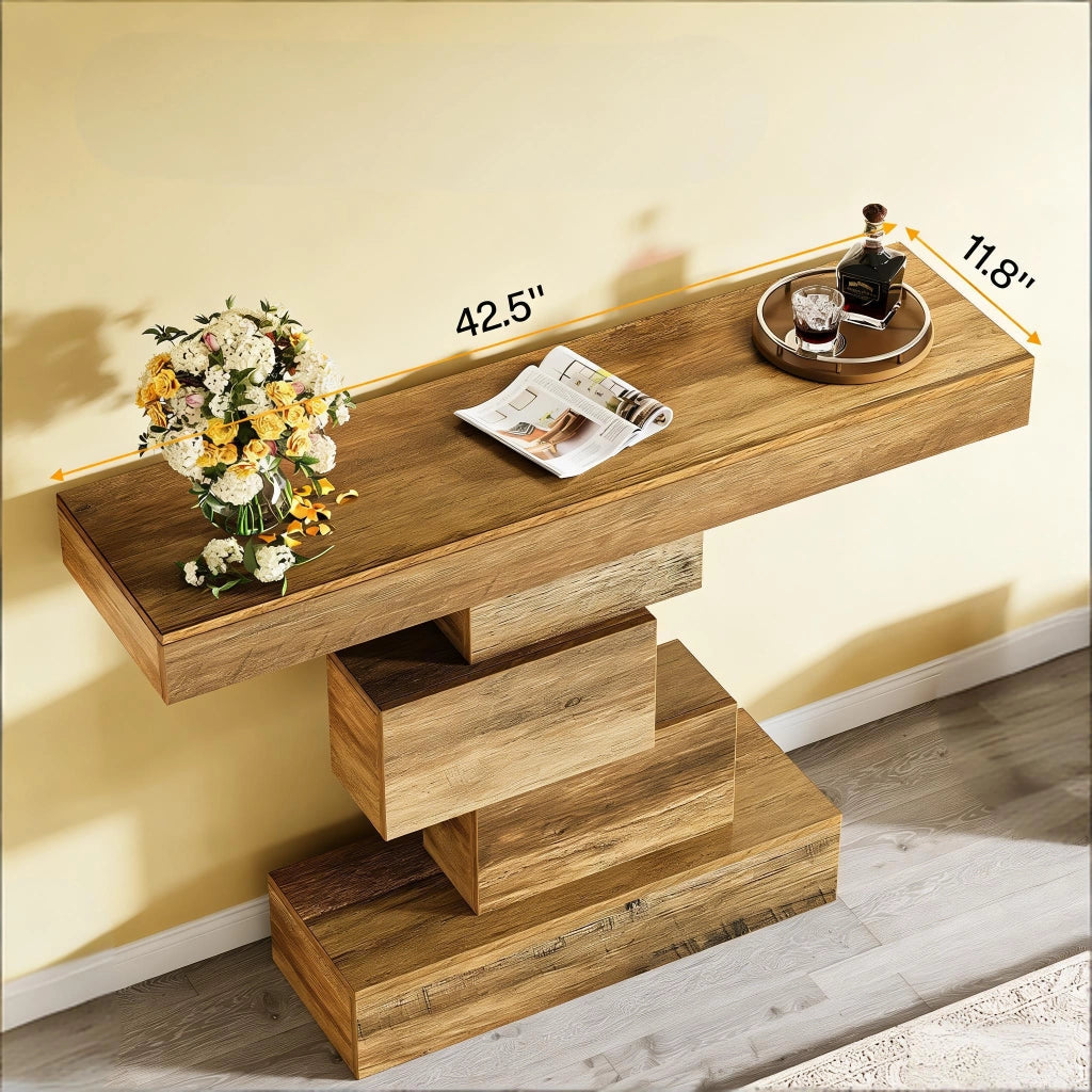 Consolle con base geometrica a gradini per ingresso, in pannelli truciolari E1 marrone chiaro, 108 × 30 × 80 cm