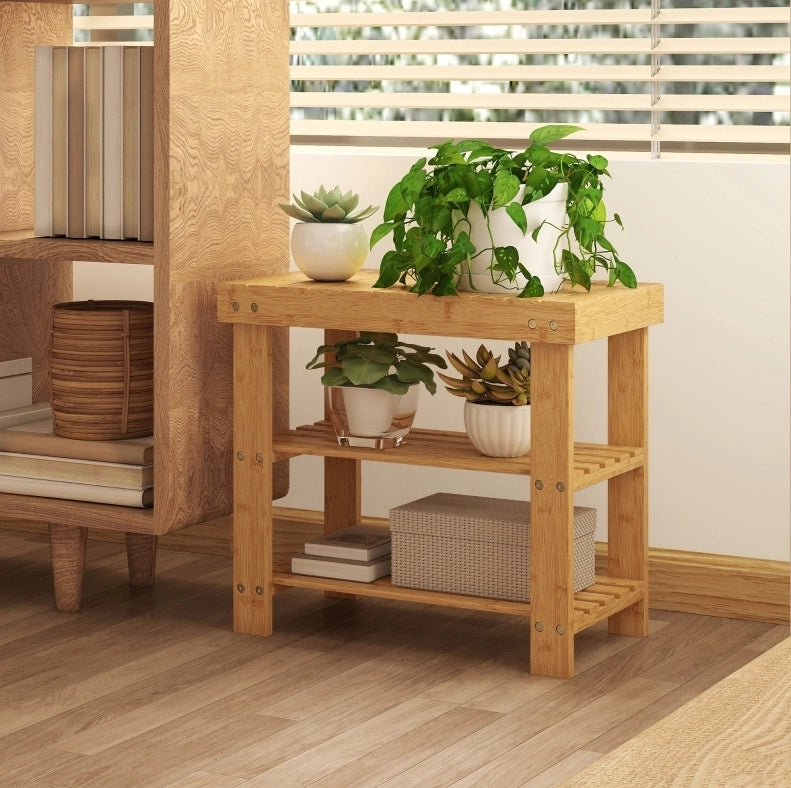 Panca porta scarpe in bambù naturale con 2 ripiani e seduta 50x28x45 cm per ingresso e corridoio
