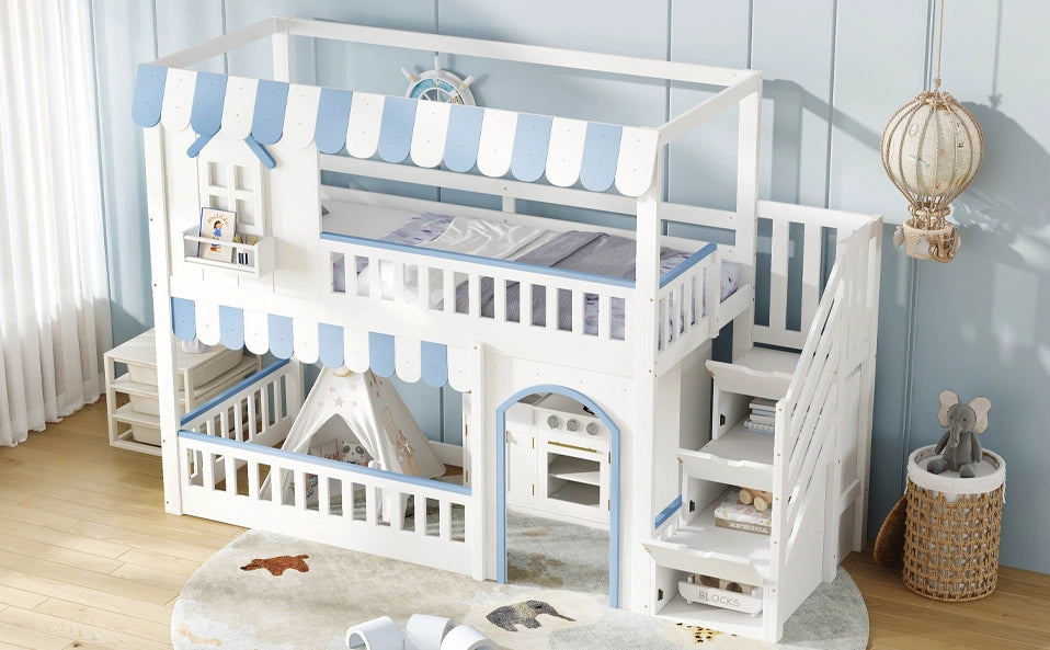 Letto a castello per bambini con armadio a gradini, struttura in pino e MDF, 90x200 cm, bianco e blu
