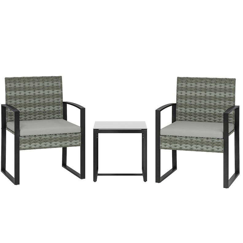 Set da Giardino in Rattan 3 Pezzi con 2 Poltrone Grigio Chiaro e Tavolino con Piano in Vetro Temperato