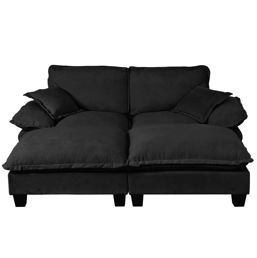Divano modulare angolare Cloud in tessuto Chenille nero con 2 pouf mobili e 2 cuscini morbidi, 194x155x90 cm