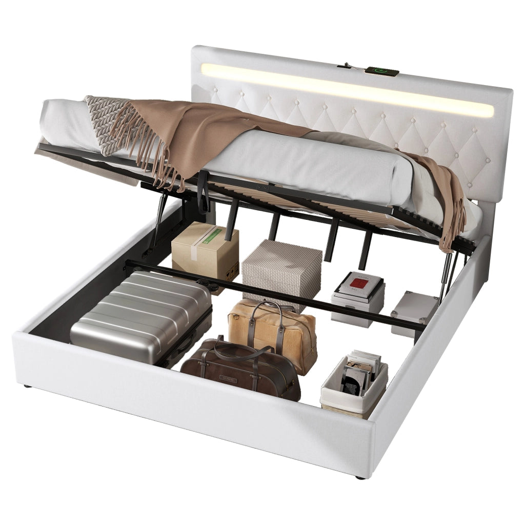 Letto matrimoniale imbottito 180x200 cm con sollevamento idraulico, illuminazione ambientale a LED e porta USB, colore bianco