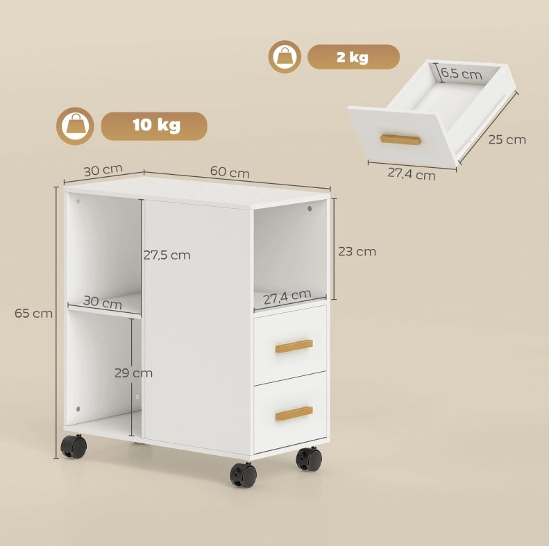 Carrello porta stampante con ripiano regolabile, 60x30x65 cm, bianco, con ruote