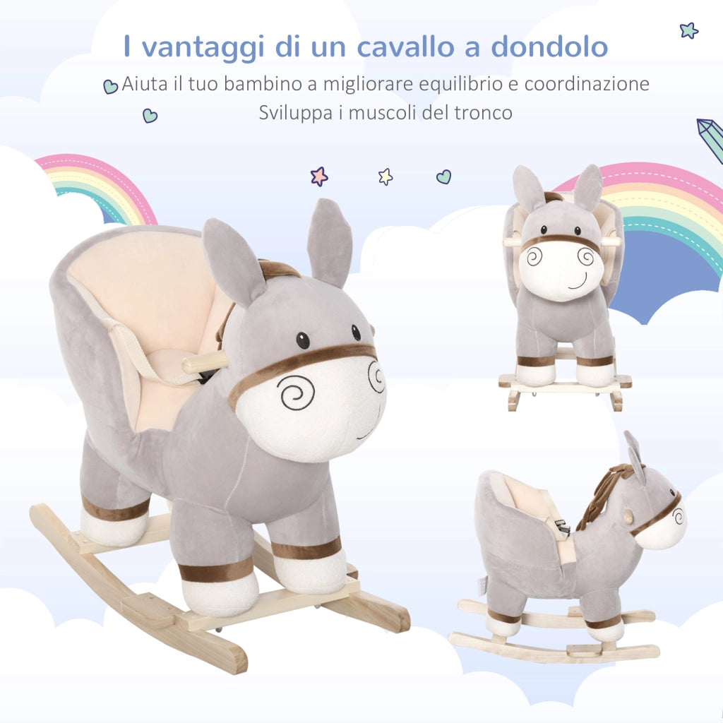 Cavallo a Dondolo Asino ¨C Xylo ¨C Legno Pioppo Peluche Grigio con Suoni 18-36 Mesi