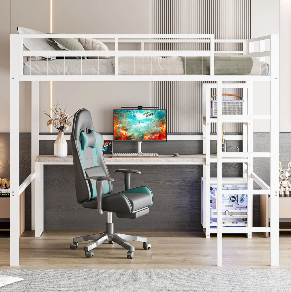 Letto a soppalco 140x200 cm con scrivania, ripiani e prese USB-C bianco
