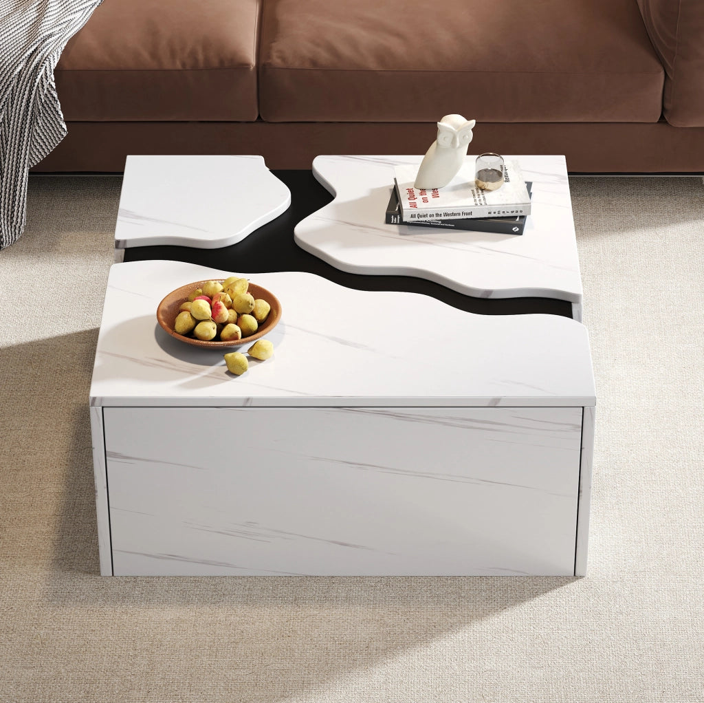 Tavolino da salotto 70x70x31 cm con cassetto in truciolare bianco effetto marmo HOMVRA