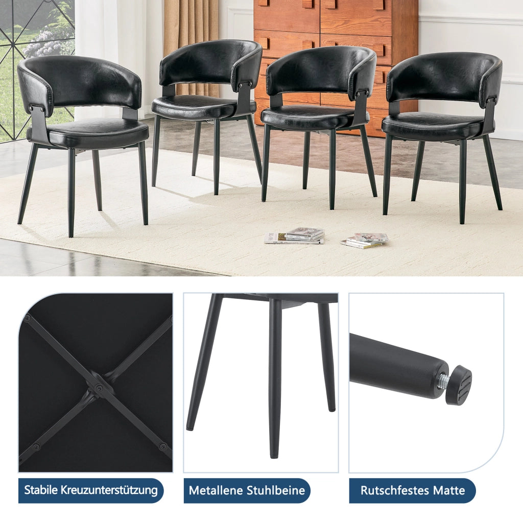 Sedia da pranzo con braccioli in PU nero e schienale decorato