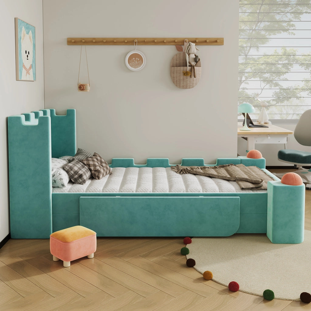 Letto singolo 90 × 200 cm con cassetto estraibile e ripiano laterale pieghevole in velluto francese blu verde