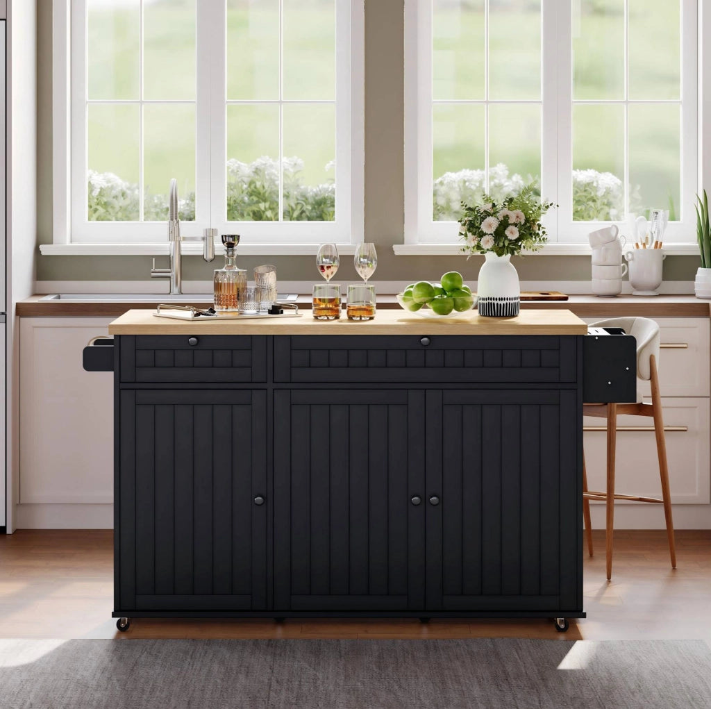 Isola da Cucina con Piano di Lavoro Ribaltabile, Carrello Mobile con 6 Ruote Blocabili, 2 Cassetti Grandi, Scaffale Porta Stoviglie e Armadietto, Nero, 137 x 89,5 x 45 cm