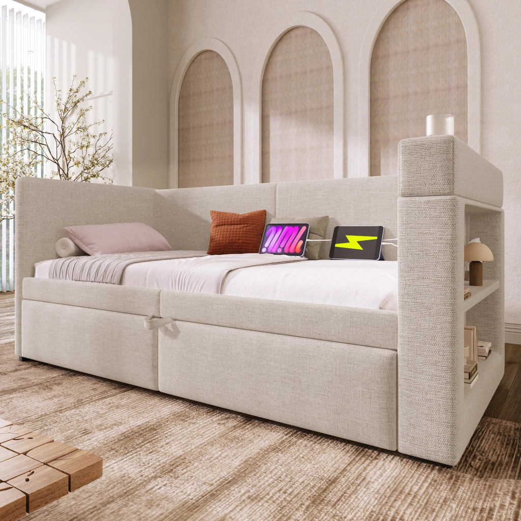 Daybed Imbottito 90x200 cm con Letto Estraibile; USB/Type-C e Portabicchieri; Tessuto Lino-Cotone Beige