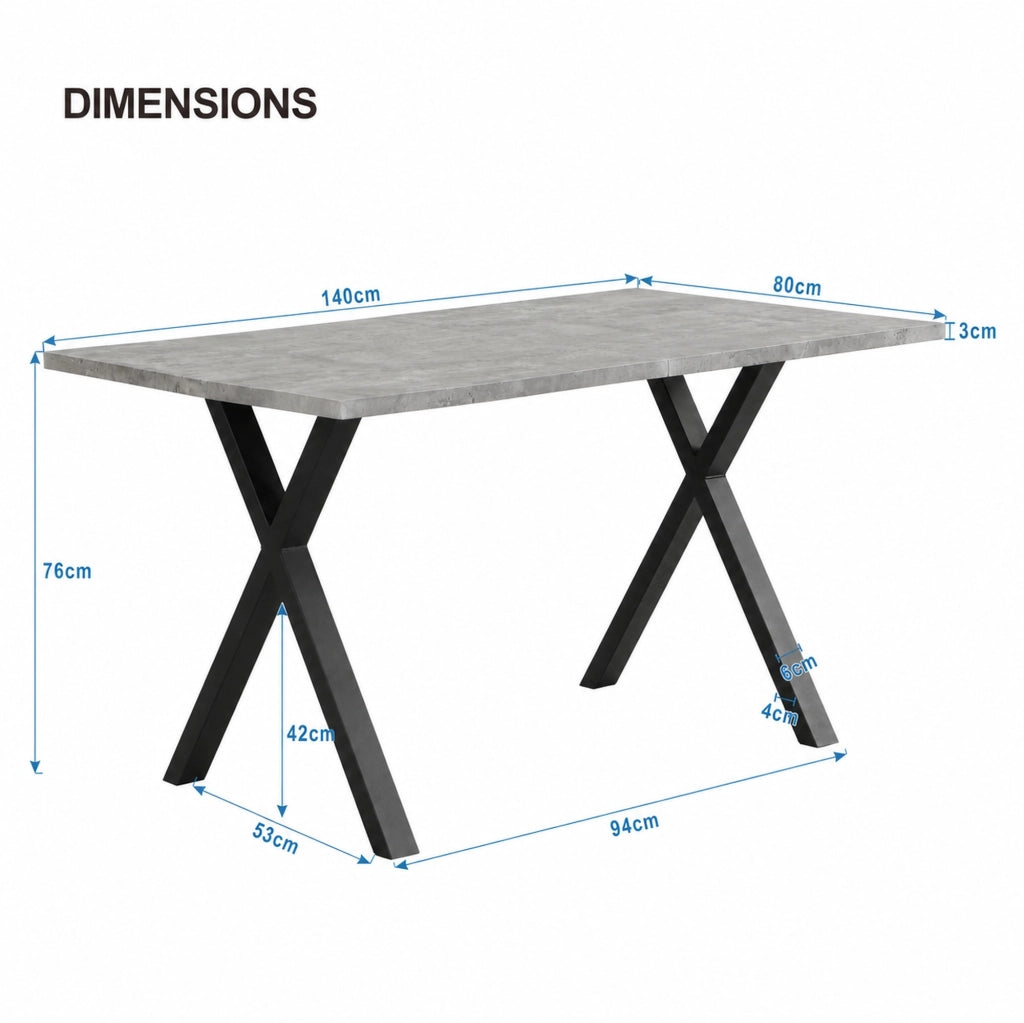 Tavolo da pranzo rettangolare con gambe incrociate in MDF e metallo effetto cemento grigio e nero