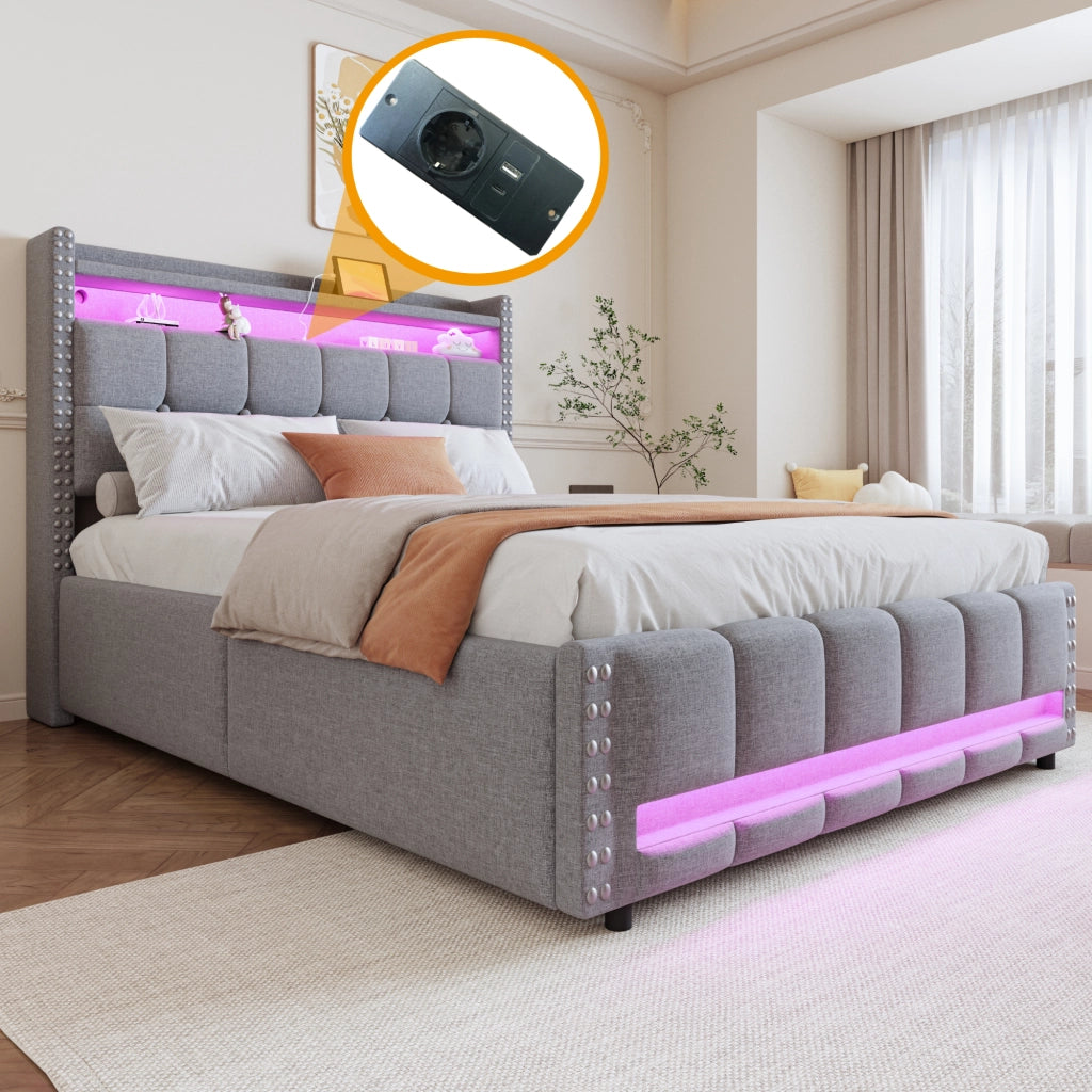 Letto matrimoniale 140×200 cm con contenitore idraulico; LED multicolore e USB; senza materasso; grigio chiaro