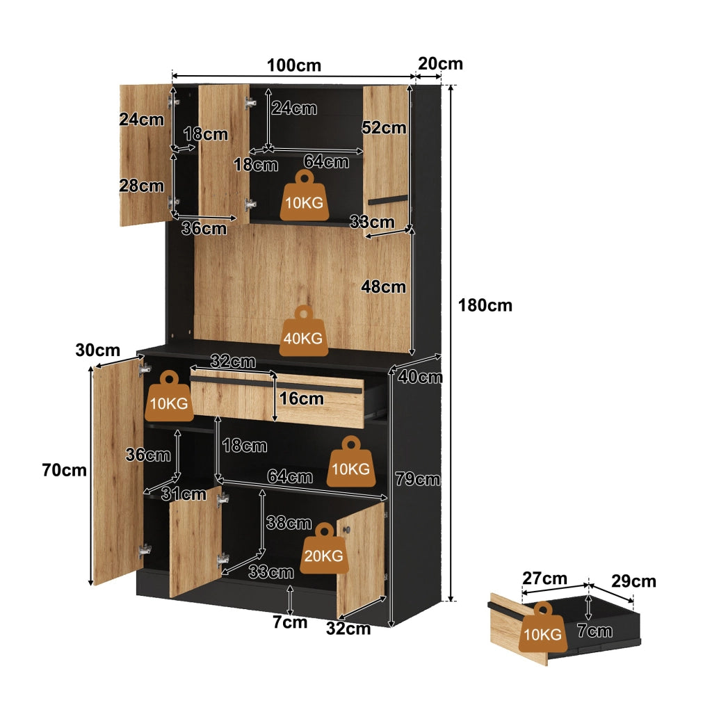 Mobile colonna da cucina con LED RGB; 2 cassetti e ripiani regolabili in MDF naturale e nero 100 × 40 × 180 cm