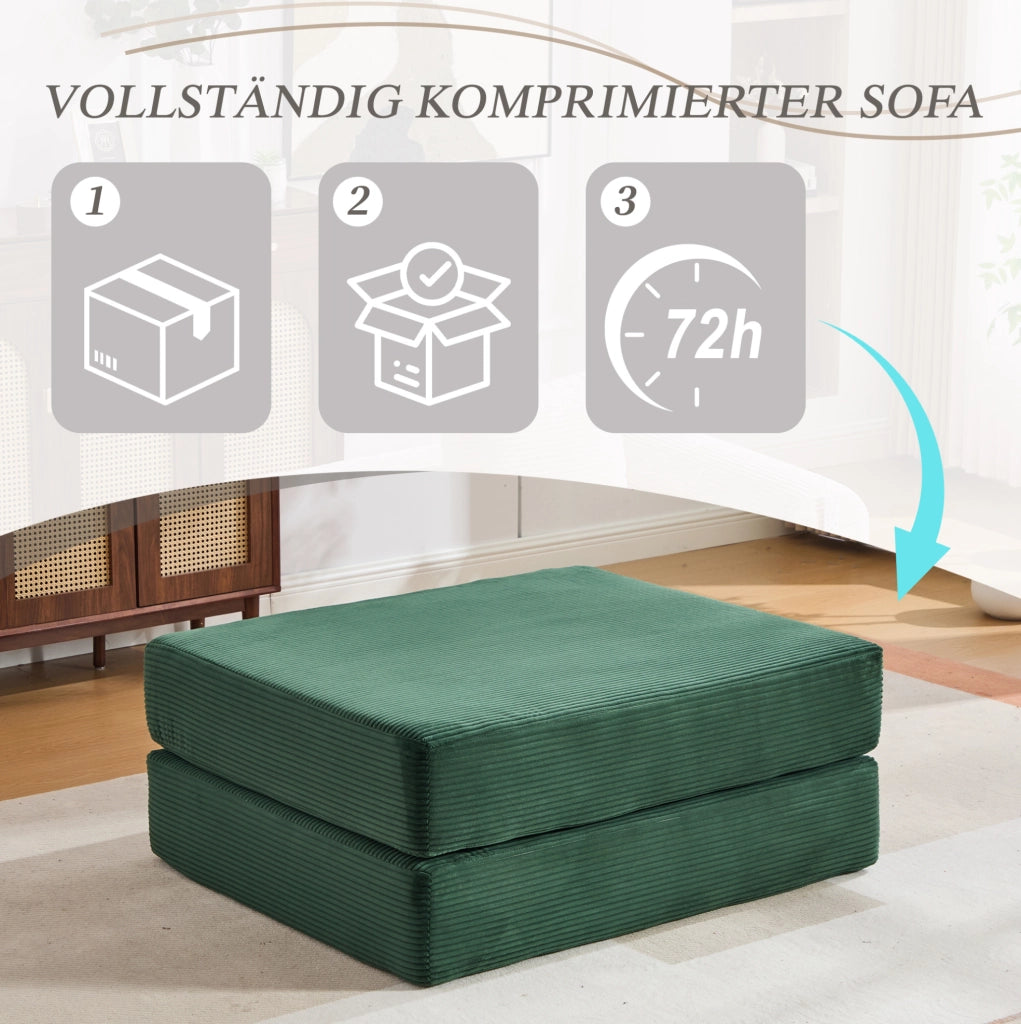 Pouf letto trasformabile 109x95x43 cm in velluto a coste; verde smeraldo