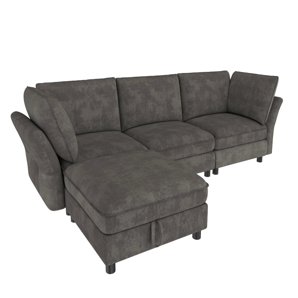 Divano angolare modulare da 4 a 5 posti in ciniglia grigio con pouf contenitore e 2 cuscini 225 × 137 × 84 cm