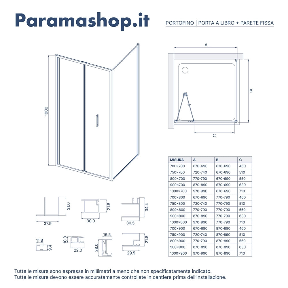 Box doccia slim 80x90cm con porta a libro e parete fissa profili cromati e vetro 6mm opaco h190| Portofino