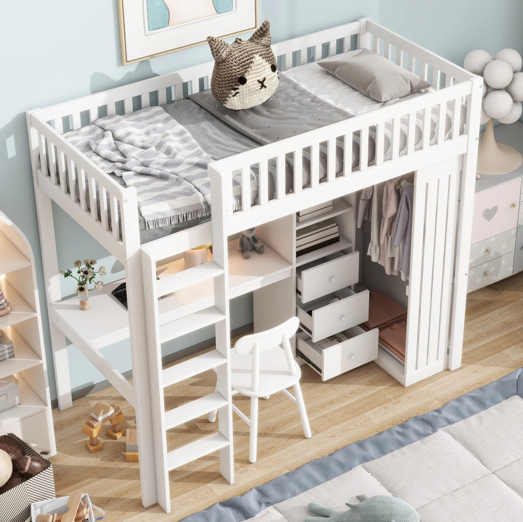 Letto a soppalco 90x200 cm con scrivania, armadio e 3 cassetti bianco