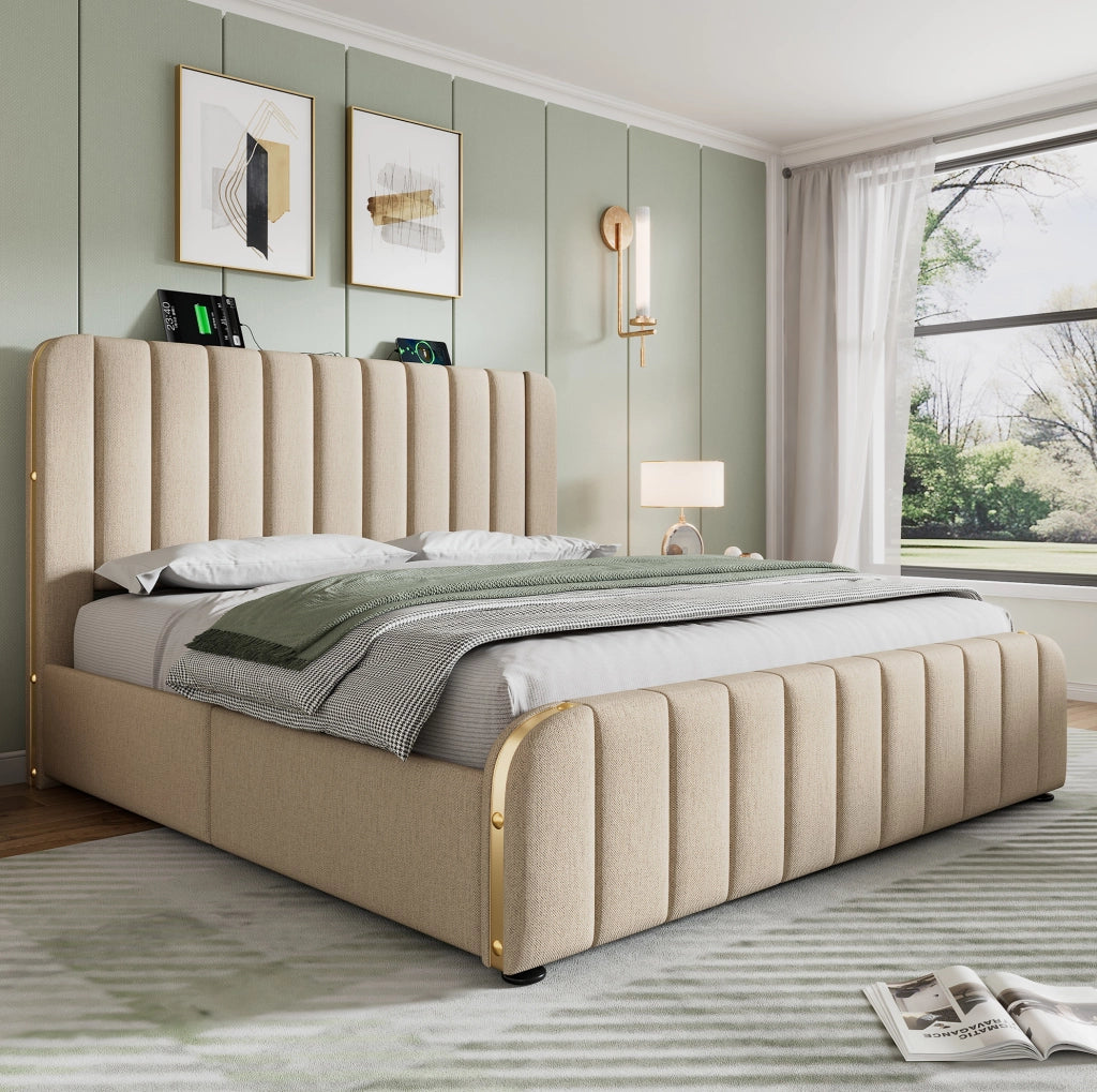 Letto matrimoniale imbottito con testiera USB e 4 cassetti, beige