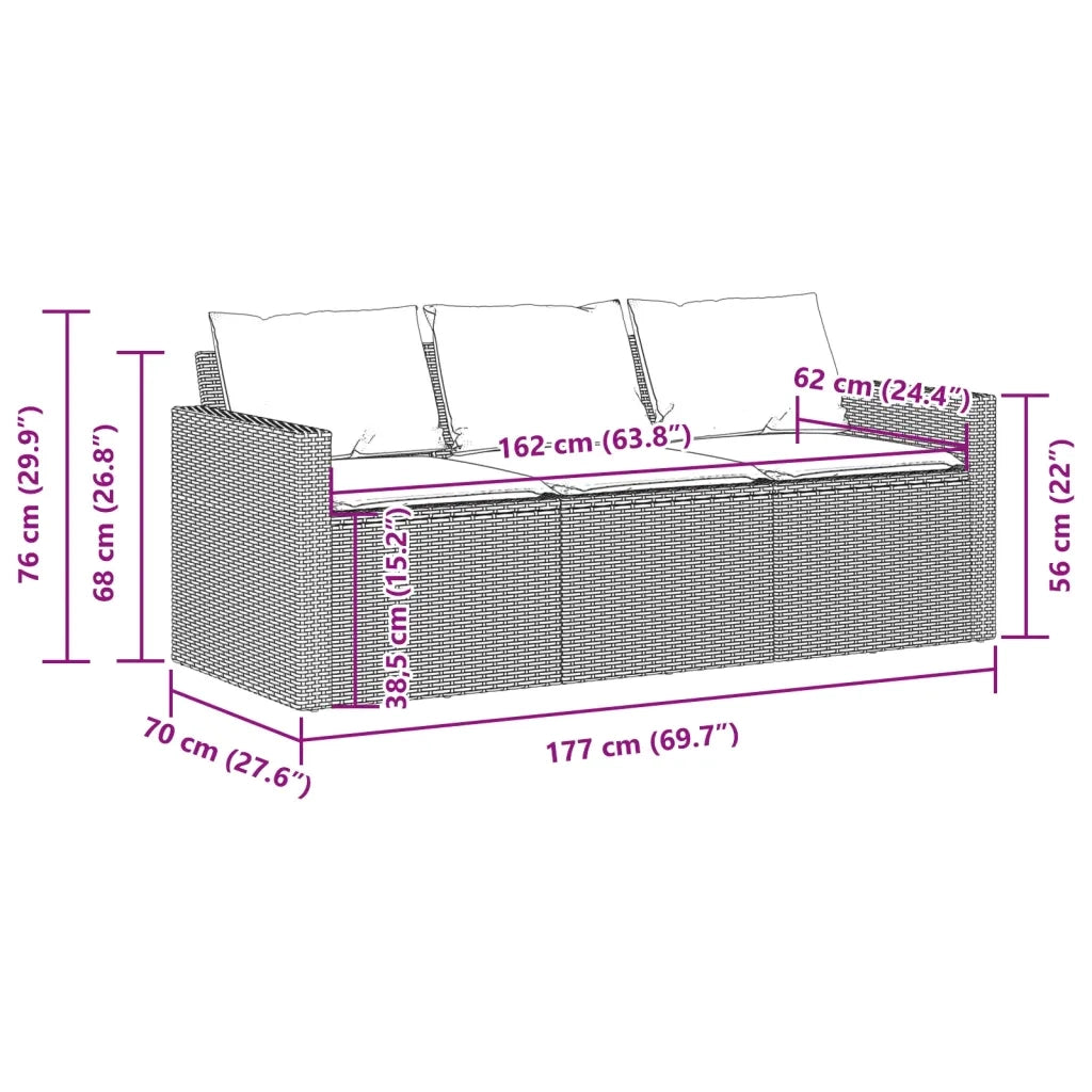 Divano da Giardino a 3 Posti con Cuscini Nero in Polyrattan 366349