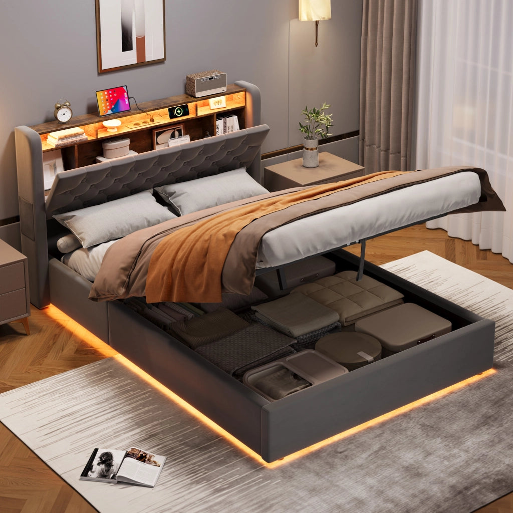 Letto imbottito 140 × 200 cm con contenitore, mensola testiera, LED e porte USB in velluto holland grigio