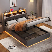 Letto imbottito 140 × 200 cm con contenitore, mensola testiera, LED e porte USB in velluto holland grigio