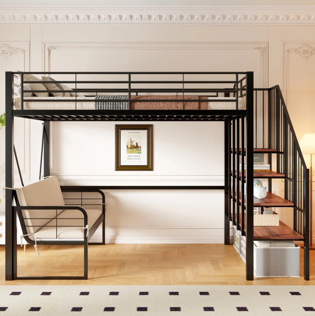 Letto a castello 140x200 cm nero con divano removibile, scala contenitore e struttura in metallo