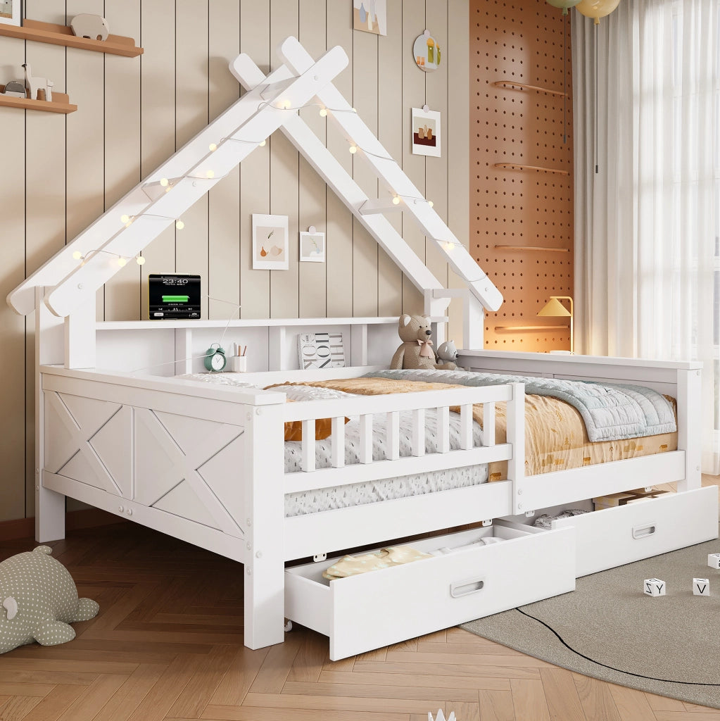 Letto a piattaforma in legno a forma di casa 140x200 cm con illuminazione LED, ripiani e cassetti, bianco