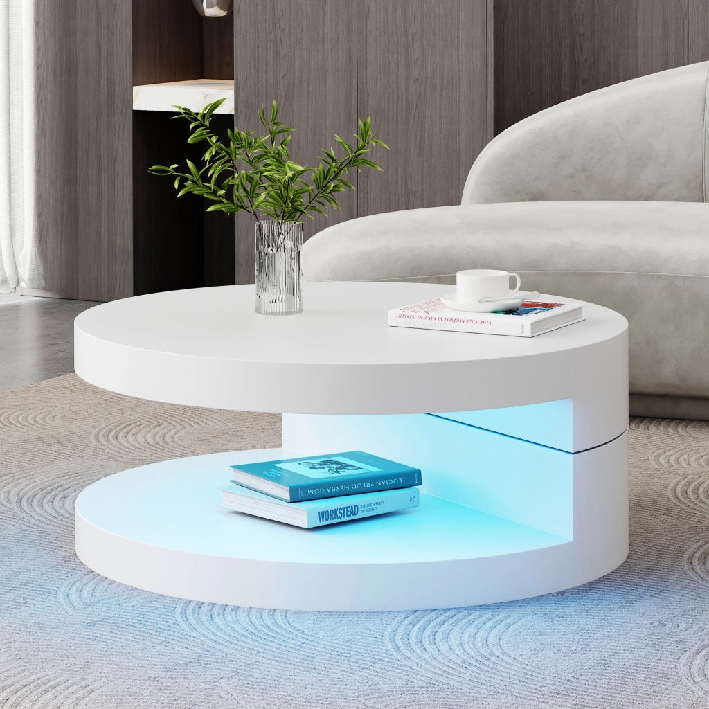 Tavolino da Salotto Rotondo 70 cm Girevole a 360 Gradi con LED MDF Bianco