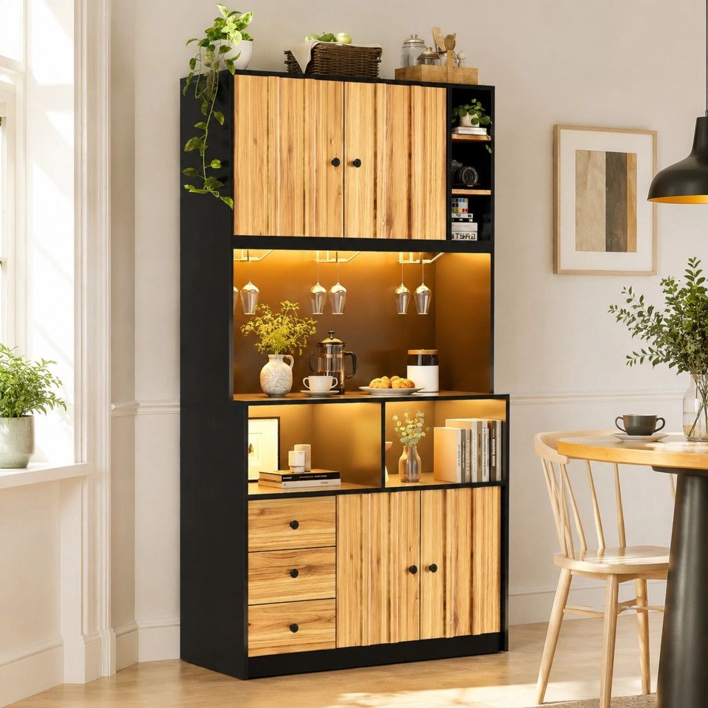Credenza da cucina alta con LED, prese e portabicchieri, per cucina e bar, MDF nero naturale, 100 × 40 × 180 cm