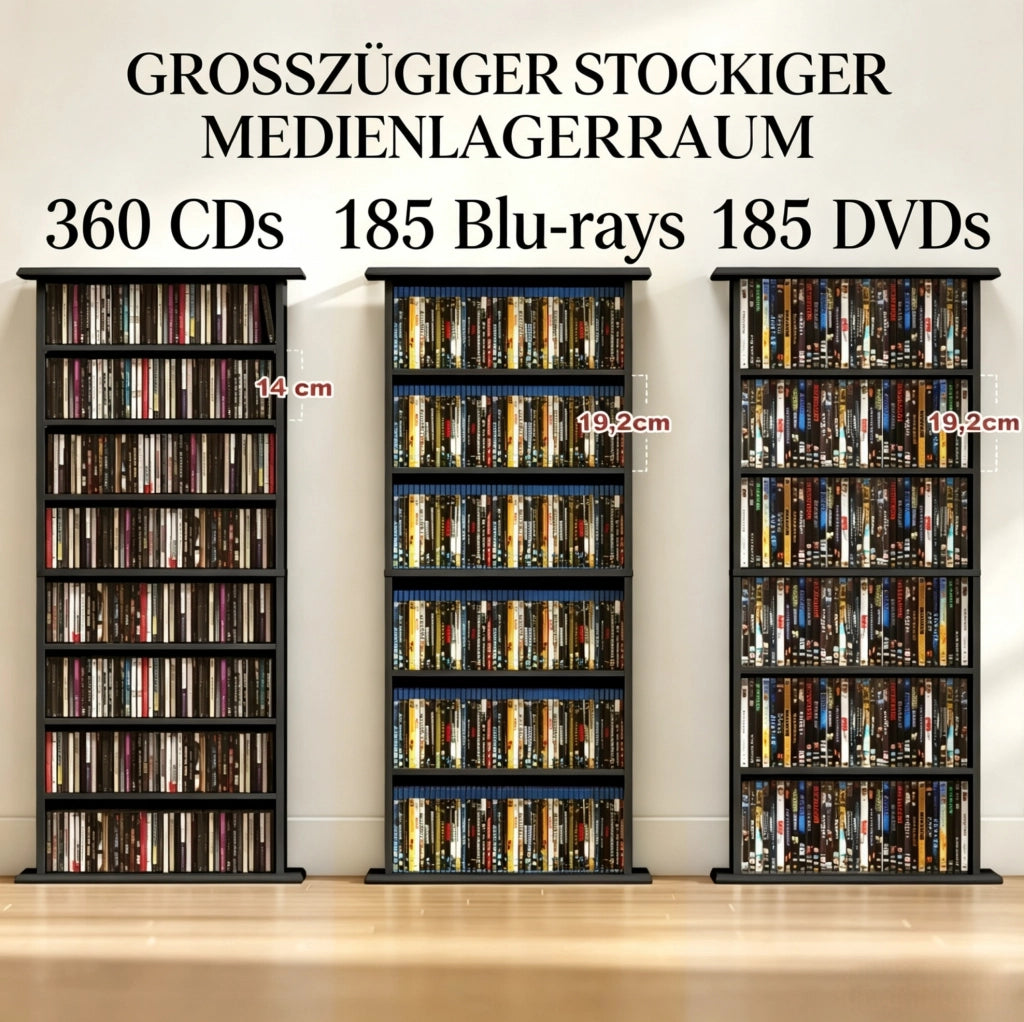Mobile porta CD/DVD nero con 8 scomparti e 6 ripiani regolabili, capacità fino a 360 CD o 185 DVD/Blu-ray
