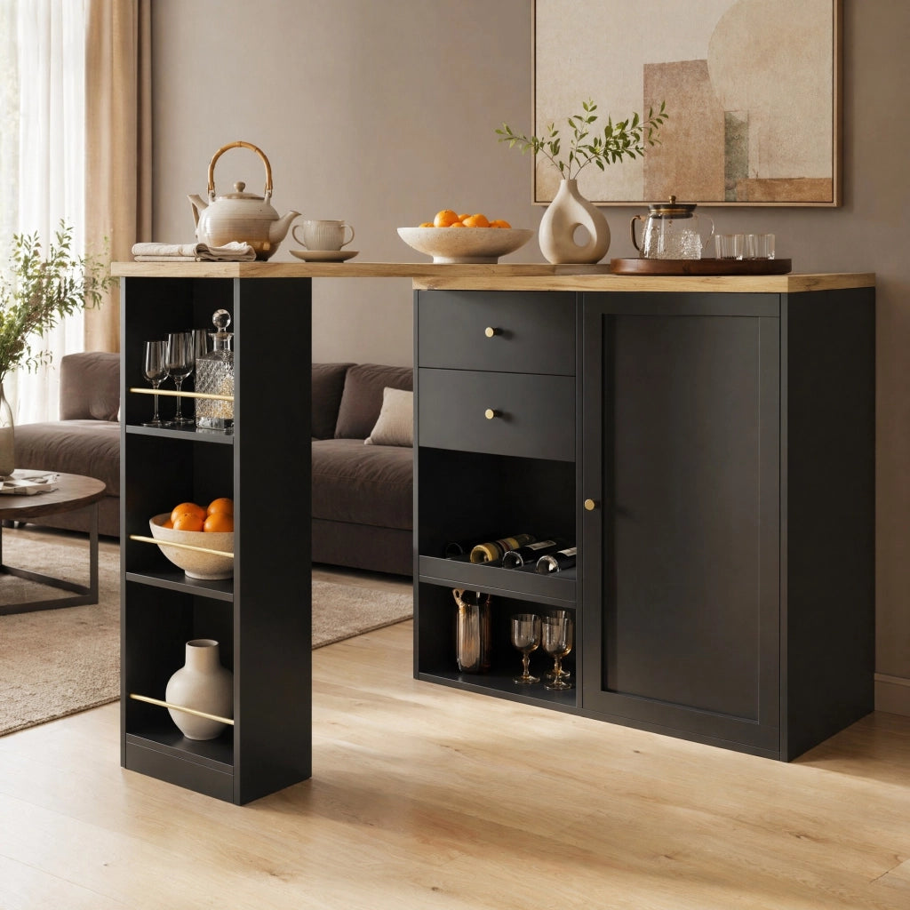 Mobile contenitore modulare girevole con 4 cassetti e ripiani in MDF nero 138x39 cm