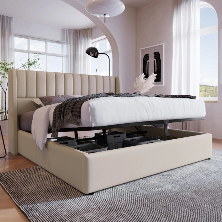 Letto Contenitore Matrimoniale 160x200 cm; Letto Imbottito in Lino Beige con Testiera; Rete a Doghe e Sollevamento Idraulico; Struttura Letto