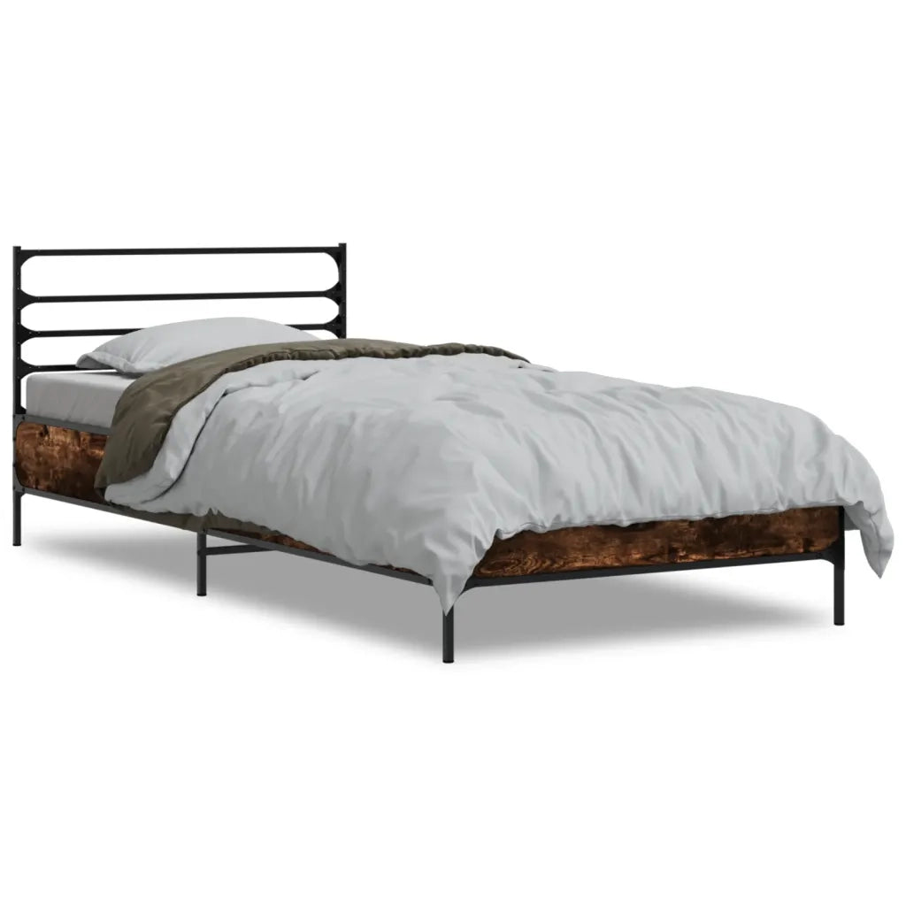 Letto singolo | Letto per adulti | Giroletto Rovere Fumo 90x200 cm in Legno Multistrato e Metallo
