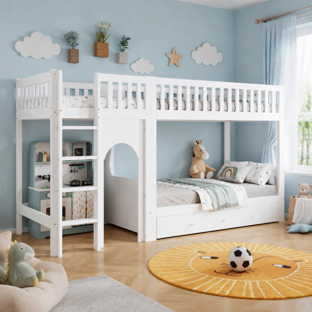 Letto a castello per bambini con scala a quattro gradini e sponde legno bianco e naturale 90 × 200 cm