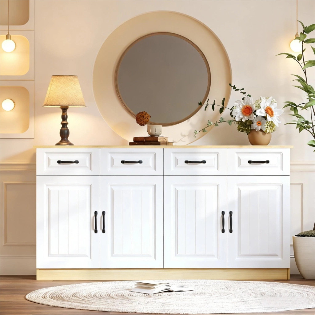 Madia con 4 ante e 4 cassetti ripiani regolabili in MDF bianca con maniglie in metallo 160 × 35 × 80 cm