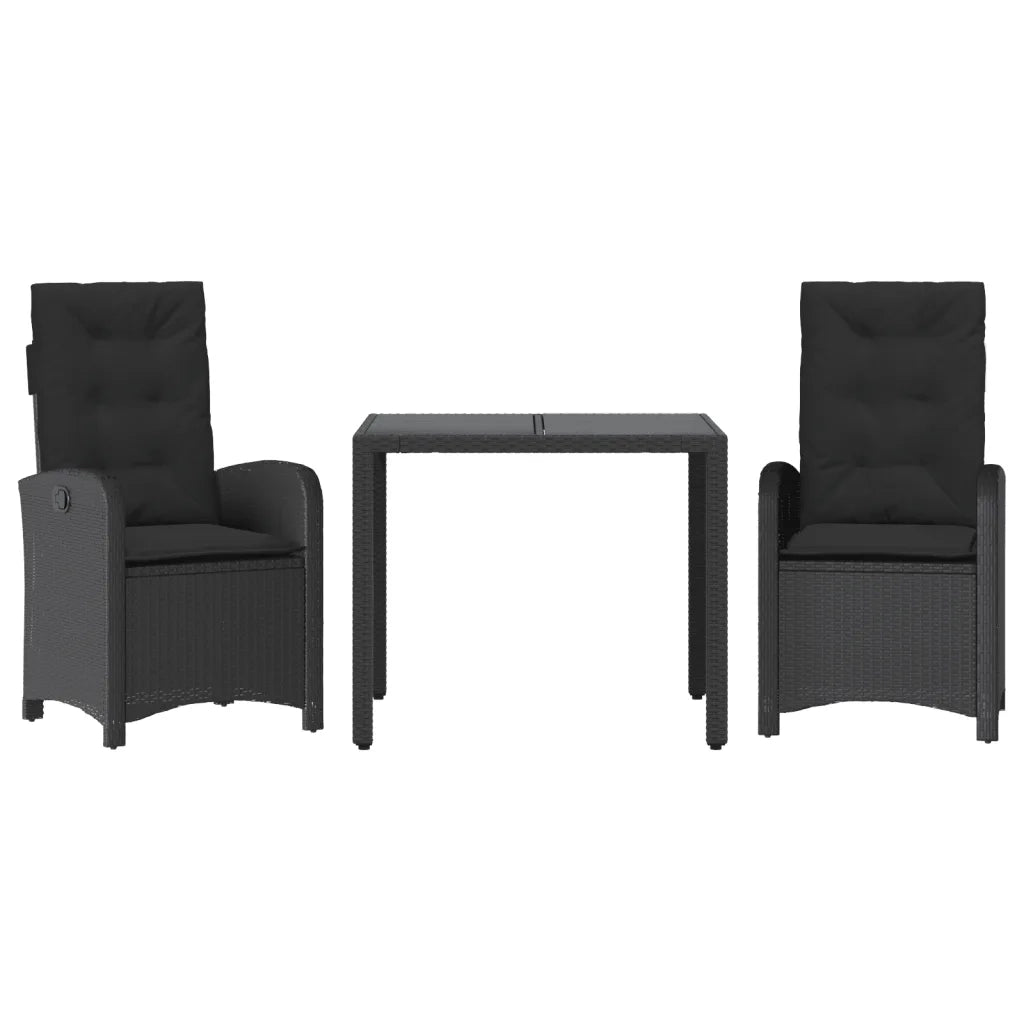 Set da Pranzo da Giardino 3 pz con Cuscini Nero in Polyrattan