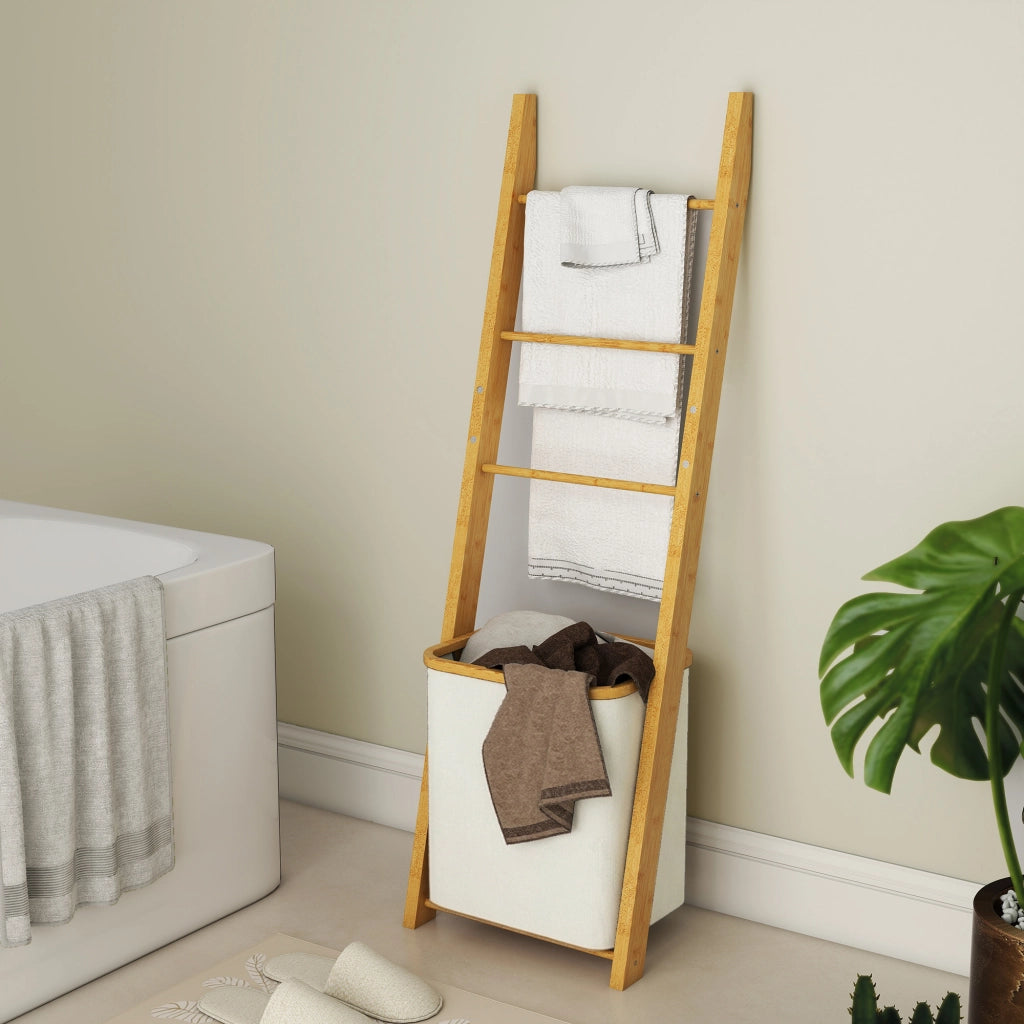Portasciugamani a Terra in Bamb¨´ con 3 Barre e Cestino per Biancheria Estraibile 48 L Crema ¨C Minimal ¨C 42x42x160 cm