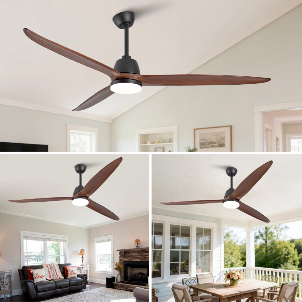 Ventilatore da soffitto 72" con LED dimmerabile; 3 pale in acero massello; nero e noce scuro
