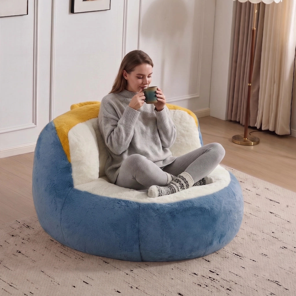 Poltrona pouf grande ergonomica con imbottitura in schiuma triturata e maniglia, in pelliccia sintetica multicolore