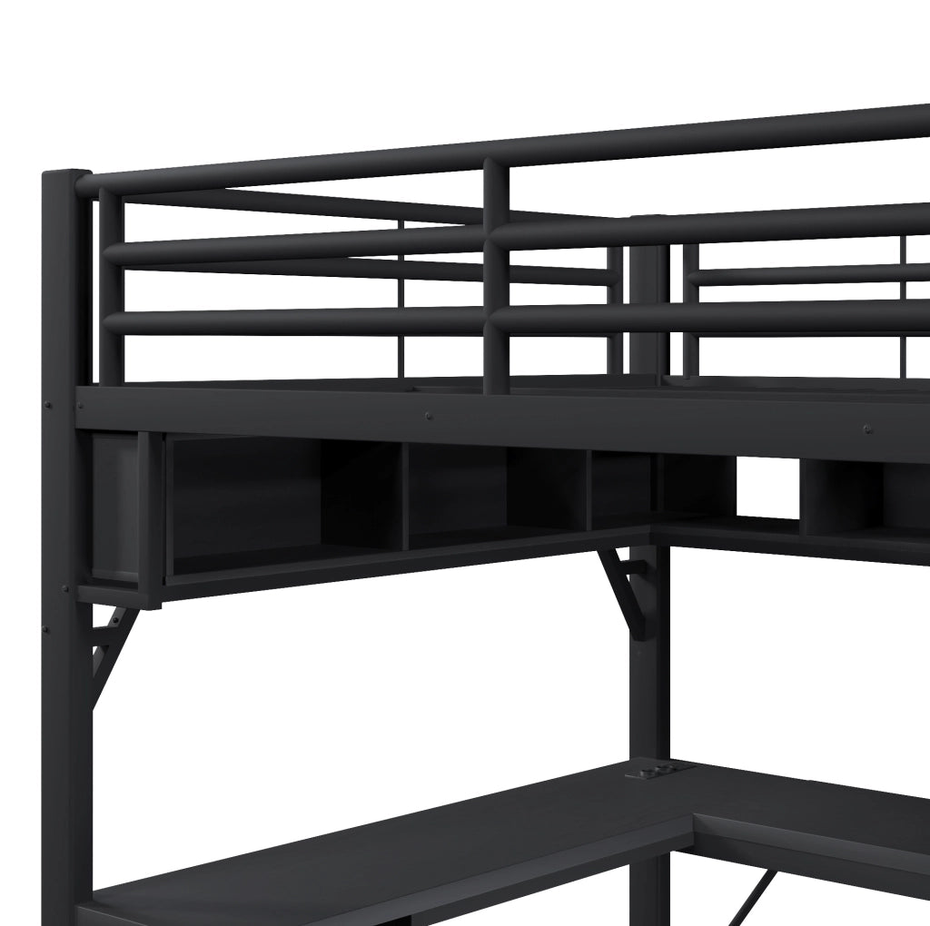 Letto a soppalco 140x200 cm con scrivania, LED e USB in metallo e MDF nero