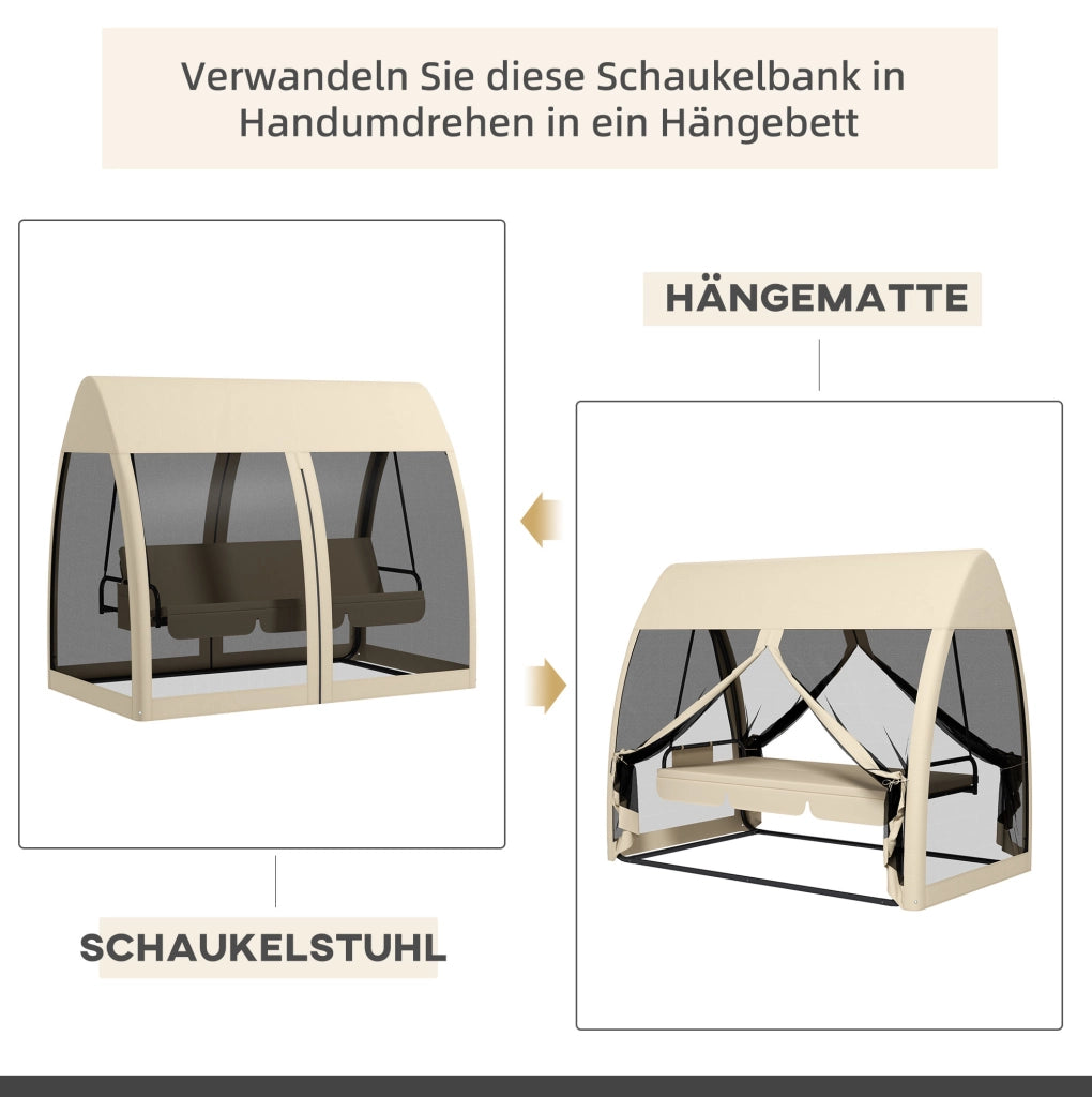 Schaukelbank 3-Sitzer mit Liegefunktion, Baldachin und Mückennetz, 240 x 140 x 197 cm, Kaffee