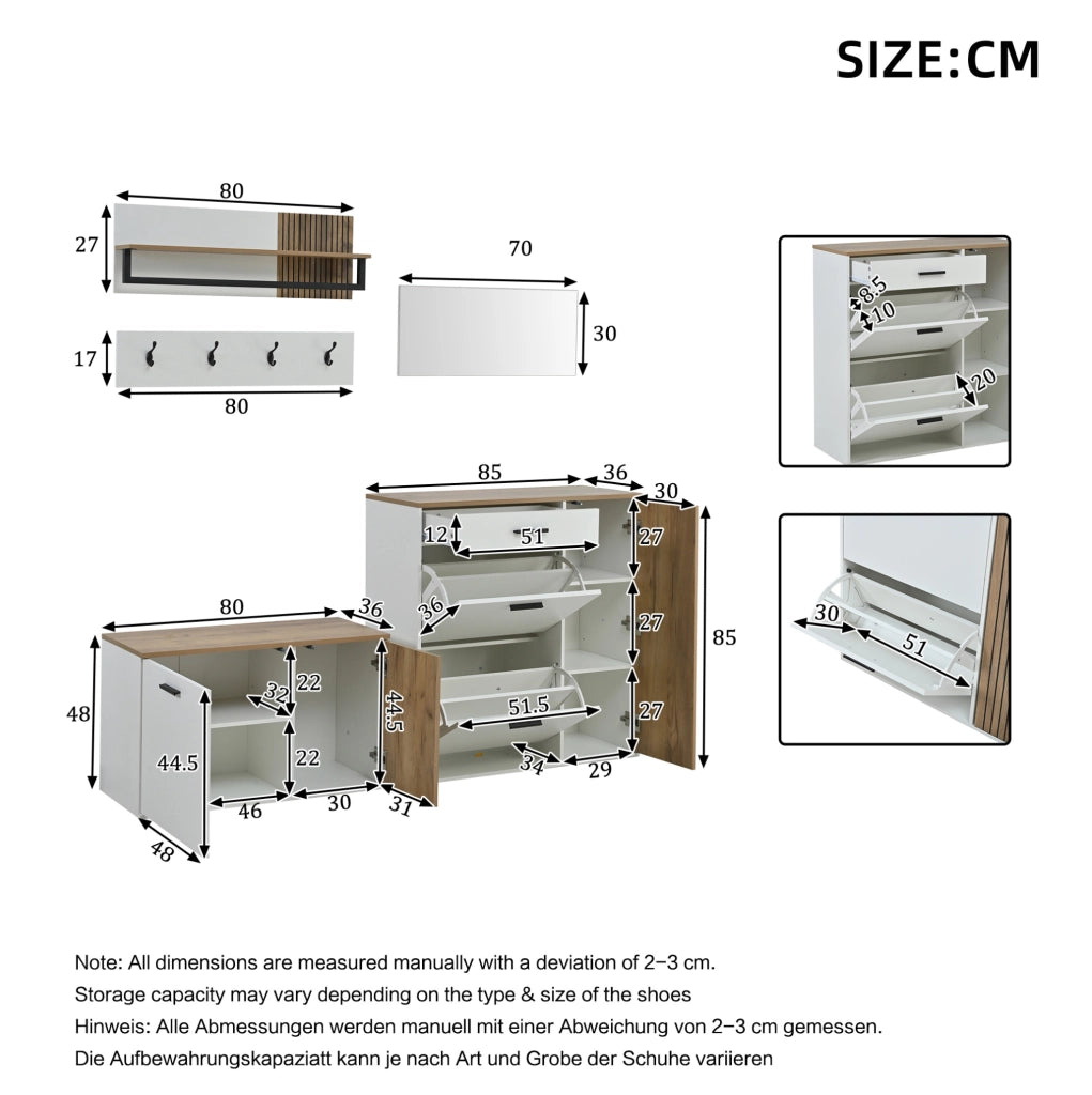 Set di mobili da ingresso 5 pezzi con scaffale porta scarpe, panca, specchio, pannello appendiabiti e ripiano, colore legno e bianco