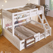 Letto a castello 3 posti 90 x 200 e 140 x 200 cm con contenitori e scaletta, letto per bambini bianco in pino, MDF e metallo con sponde di sicurezza
