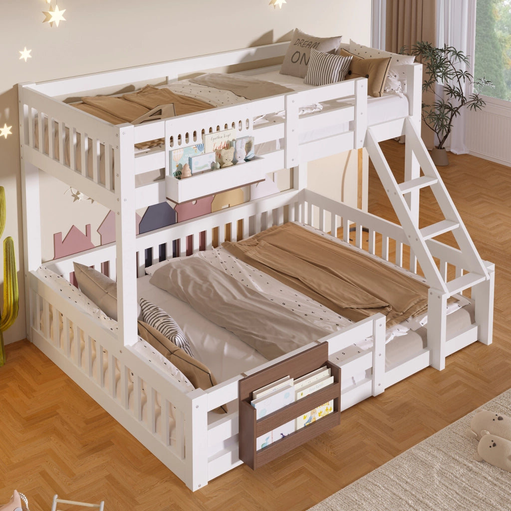 Letto a castello 3 posti 90 x 200 e 140 x 200 cm con contenitori e scaletta, letto per bambini bianco in pino, MDF e metallo con sponde di sicurezza