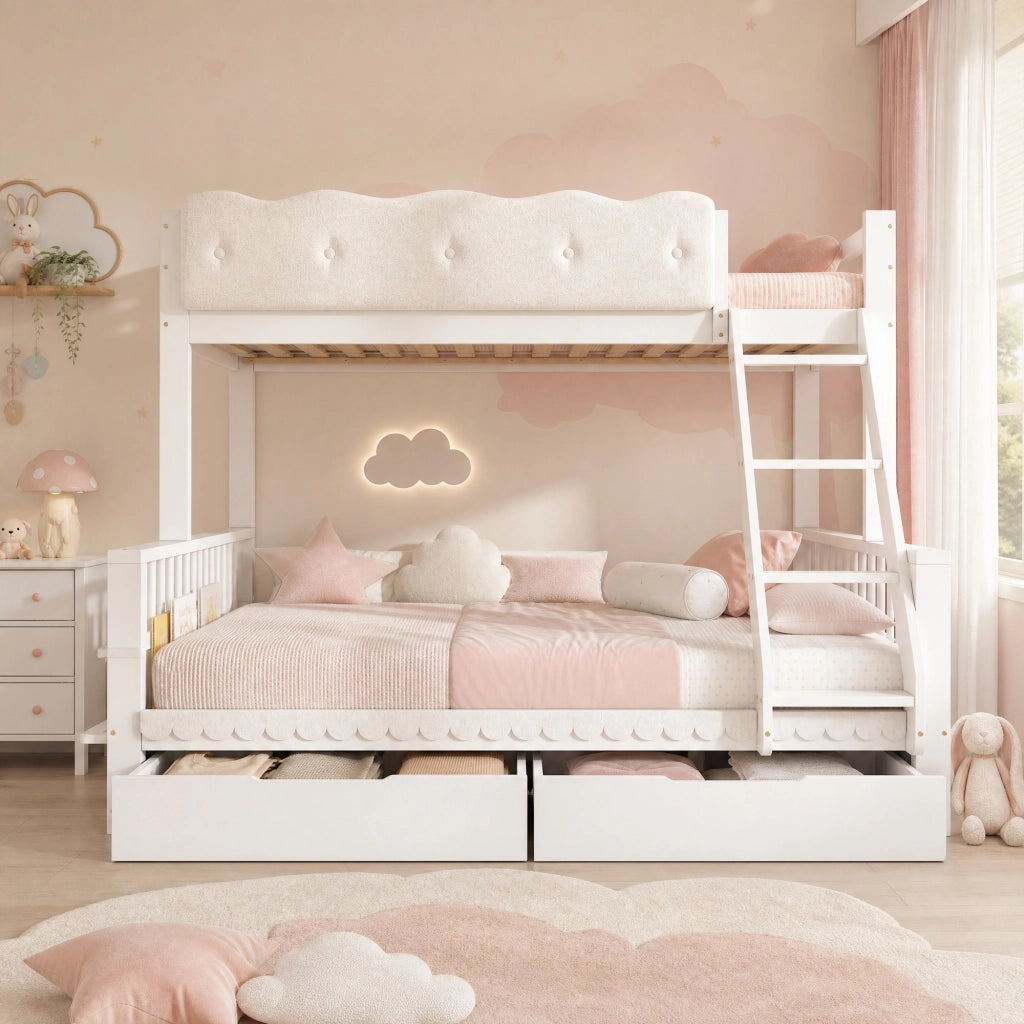 LETTO a castello 90x200/140x200 cm in legno bianco con cassetti e portariviste
