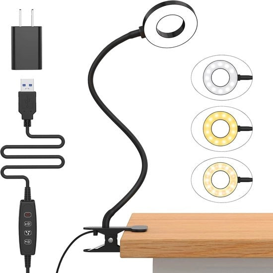 Lampada da scrivania, [3 modalità di colore e 10 livelli di luminosità] LED lettore con clip, collo cigno flessibile, adatto per bambini per leggere a letto. Può essere fissato a scrivanie, tavoli da studio o in camere da studente - Nero.