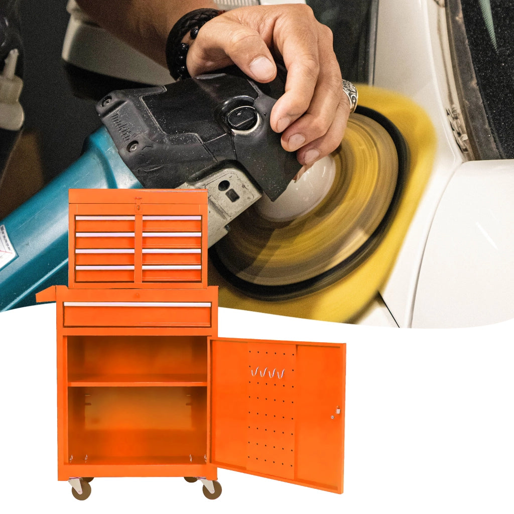 Armadio da officina in acciaio con ruote; ripiano regolabile e cassetti a guide a sfere per garage e officina