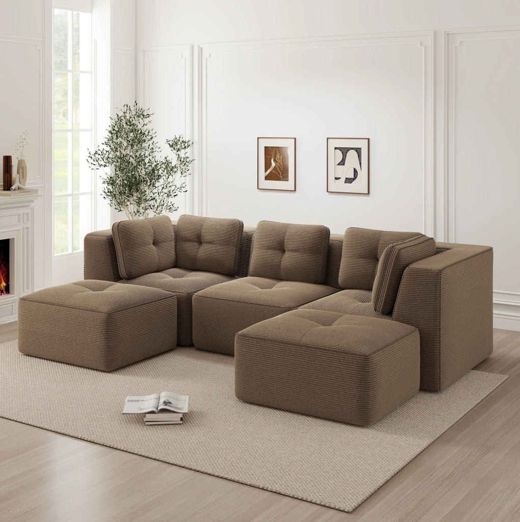Divano modulare 297x177x69 cm in velluto a coste marrone con ottomana