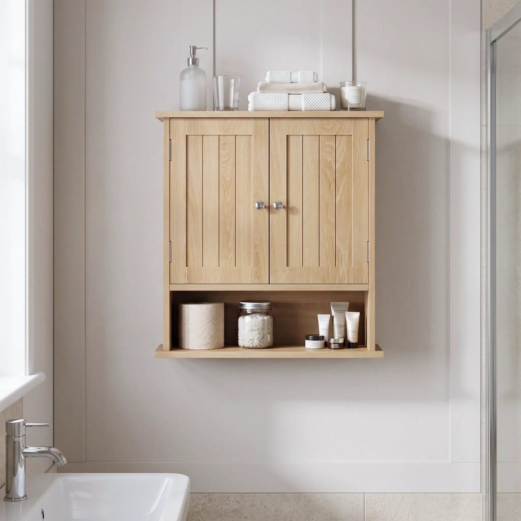 Armadietto pensile da bagno con 2 ante e vano aperto, finitura effetto rovere, in MDF marrone multicolore, per bagno