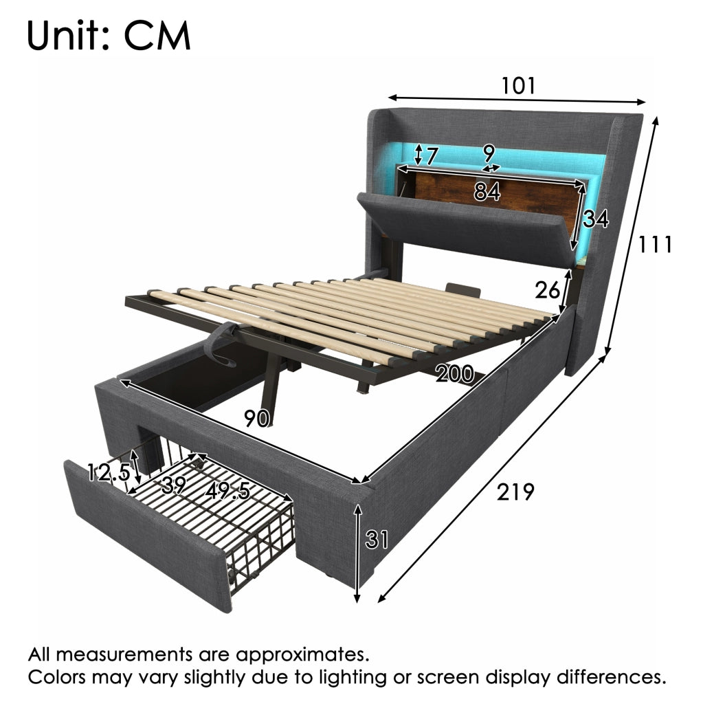 Letto imbottito 90x200 cm con contenitore idraulico, testiera con vano portaoggetti, illuminazione LED e porte USB/USB-C, struttura con doghe in legno, grigio in lino, senza materasso